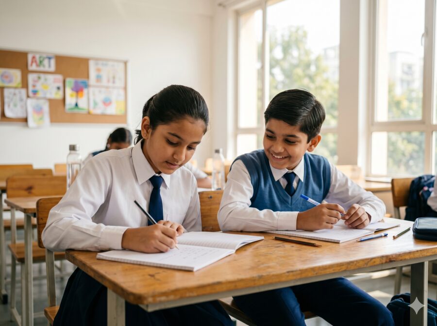 Two Indian children writing in a classroom